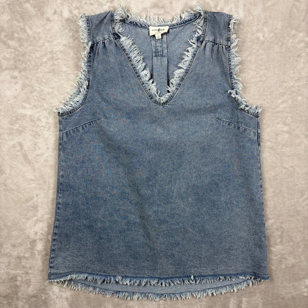 Umgee Light Blue Frayed Denim Tank Top